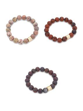 Gemstone Beaded Stretch Bracelet Stack - Leopard Jasper, Mahogany Obsidian